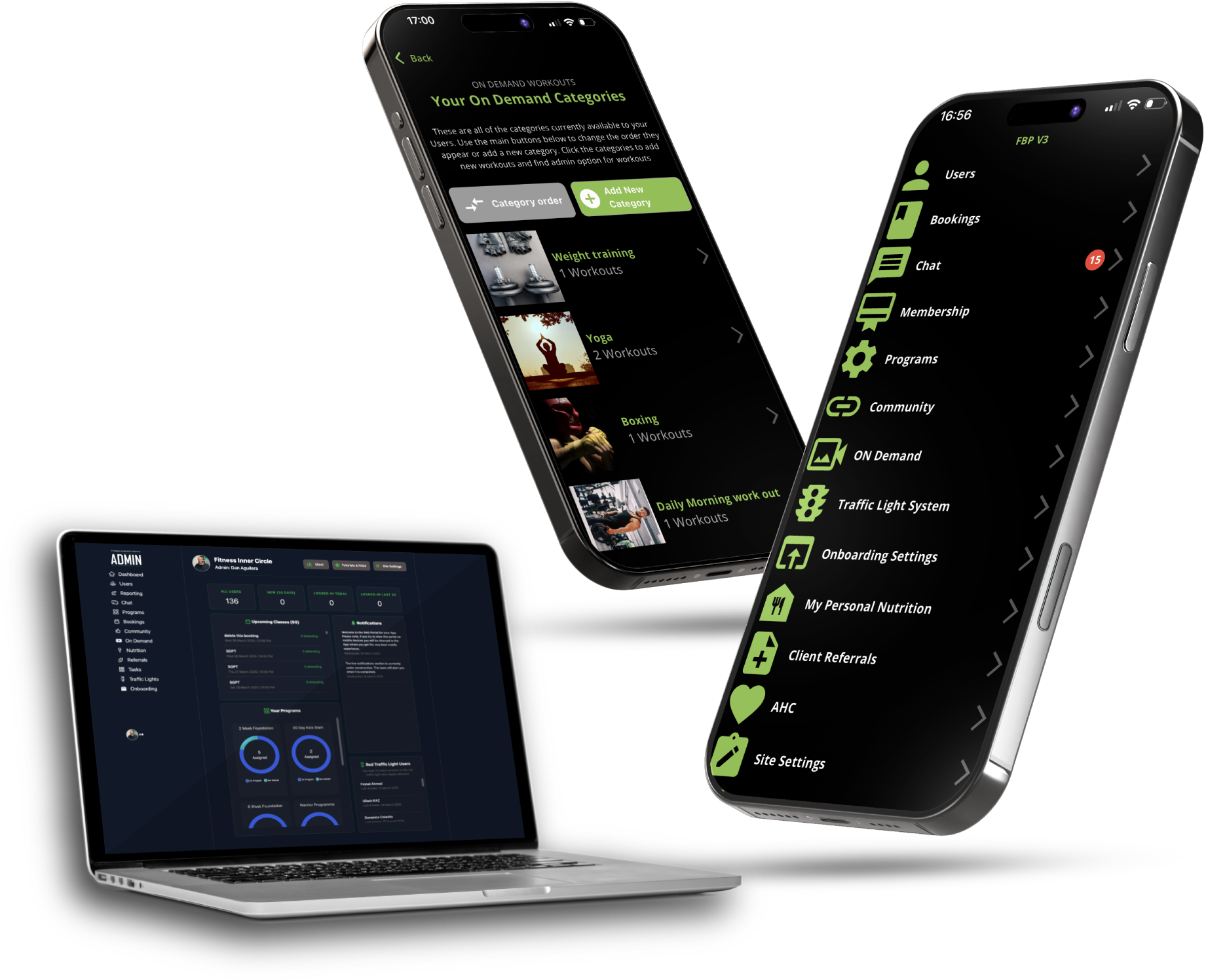 FBP admin dashboard and mobile management screens